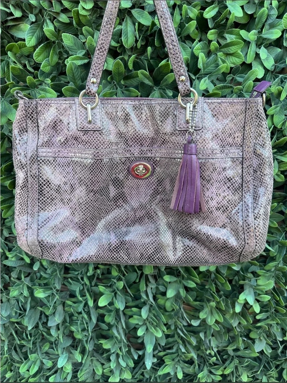 Coach Park Python Carryall,Snake-Embossed Shoulder Bag with Purple Tassel Accent